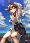  1girl ahoge alternate_hair_length alternate_hairstyle antenna_hair bare_shoulders between_legs bird blue_sky boots brown_hair cherry_blossoms clouds detached_sleeves hairband hand_between_legs highres japanese_clothes kantai_collection kongou_(kantai_collection) konkito no_legwear nontraditional_miko oceab ocean petals ribbon_trim sarashi seagull short_hair sitting skirt sky solo violet_eyes water 