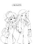  2girls =_= aida_mana bag blush bow braid dokidoki!_precure dress flying_sweatdrops hair_bow half_updo hand_on_another&#039;s_shoulder hand_on_own_cheek hishikawa_rikka kazuma_muramasa lineart monochrome multiple_girls open_mouth ponytail precure sailor_dress school_bag school_uniform 