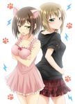  2girls animal_ears asterisk_(idolmaster) blush breasts brown_hair cat_ears crossed_arms flo green_eyes idolmaster idolmaster_cinderella_girls maekawa_miku multiple_girls paw_print short_hair skirt tada_riina 