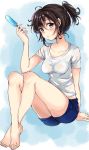  1girl absurdres bare_legs barefoot black_eyes black_hair blush breasts casual denim denim_shorts highres legs_crossed looking_at_viewer original parted_lips piu_(1198454470) ponytail popsicle shirt short_shorts shorts sitting solo tied_hair wet wet_clothes wet_shirt 