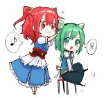  &gt;:3 &gt;:o 2girls :3 :o alternate_headwear animal_ears asymmetrical_hair blouse blush blush_stickers cat_ears chibi green_eyes green_hair hair_bobbles hair_ornament hands_on_lap hands_together japanese_clothes long_hair long_sleeves looking_at_another mappe_(778exceed) motion_lines multiple_girls musical_note obi onozuka_komachi open_mouth puffy_short_sleeves puffy_sleeves quaver red_eyes redhead sash shiki_eiki short_sleeves short_twintails sitting sketch skirt sparkle spoken_musical_note spoken_squiggle squiggle stool touhou twintails two_side_up vest white_background 