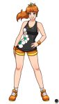  1girl artist_name blue_eyes brown_hair crown earrings full_body grin hand_on_hip highres jewelry long_hair looking_at_viewer super_mario_bros. ponytail princess_daisy revtilian short_shorts shorts simple_background smile solo standing super_mario_bros. super_mario_land tank_top white_background wristband 