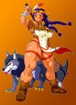  1girl axe brown_eyes dual_wield female muscle native_american purple_hair wolf 