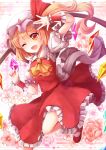  1girl ;d ascot blonde_hair blush crystal dress flandre_scarlet floral_background frilled_shirt_collar frills hat hat_ribbon highres looking_at_viewer mary_janes mob_cap one_eye_closed open_mouth puffy_short_sleeves puffy_sleeves red_dress red_ribbon red_shoes ribbon sakura_ran sash shoes short_sleeves side_ponytail smile socks solo touhou white_legwear wings wrist_cuffs yellow_eyes 