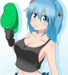  1girl armpits bare_shoulders black_gloves blue_eyes blue_hair blush breasts cleavage collarbone frown gloves green_hat groin hair_bobbles hair_ornament hat hat_removed headwear_removed holding holding_hat katsumi5o kawashiro_nitori large_breasts looking_at_viewer short_hair sideboob solo strap_slip tank_top touhou two_side_up upper_body 