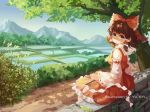  1girl artist_name ascot back bow brown_hair chestnut_mouth clouds detached_sleeves gohei hair_bow hair_tubes hakurei_reimu looking_at_viewer mountain ribbon ribbon-trimmed_sleeves ribbon_trim rice_paddy sarashi scenery sitting skirt skirt_set sky touhou trail tree wall yuer_(miyuexinling) 
