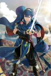  1boy armor blue_eyes blue_hair cape fingerless_gloves fire_emblem fire_emblem:_mystery_of_the_emblem fire_emblem_cipher gloves highres jewelry kozaki_yuusuke looking_at_viewer marth official_art serious short_hair short_sleeves solo sword tiara weapon 