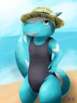  1girl aqua_eyes artist_request beach copyright_request female furry gradient gradient_background hat lizard ocean open_mouth outdoors sky solo swimsuit 