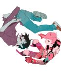  2boys adventure_time alternate_costume bite_mark black_hair bodysuit cowlick crown fangs floating genderswap genderswap_(ftm) grey_skin looking_at_another male_focus marshall_lee multiple_boys pink_hair pink_skin prince_bubba_gumball shishio shoes sneakers vampire 