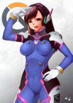  1girl bodysuit breasts brown_eyes brown_hair contrapposto covered_navel cowboy_shot d.va_(overwatch) gloves hand_on_hip headgear impossible_bodysuit impossible_clothes jadenkaiba looking_at_viewer open_mouth overwatch smile solo watermark white_gloves 