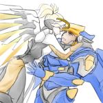  2girls black_hair blonde_hair blush bodysuit brown_eyes dark_skin eye_of_horus facial_tattoo hair_tubes hand_on_another&#039;s_shoulder high_ponytail looking_at_another mechanical_halo mechanical_wings mercy_(overwatch) multiple_girls open_mouth overwatch pharah_(overwatch) power_armor simple_background sketch tattoo tuskine_kinase white_background wings yuri 