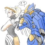  2girls anger_vein begging blonde_hair blush bodysuit closed_eyes cowboy_shot crossed_arms facing_away high_ponytail looking_at_another mechanical_halo mechanical_wings mercy_(overwatch) multiple_girls overwatch pharah_(overwatch) power_armor profile rejection simple_background sketch speech_bubble tuskine_kinase white_background wings 