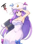  1girl armpits bare_shoulders book bow breasts cleavage crescent hat kiku_hitomoji large_breasts long_hair looking_at_viewer off_shoulder patchouli_knowledge purple_hair simple_background solo touhou violet_eyes white_background 