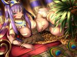  1girl belly bracelet breasts cat cleavage dark_skin egyptian egyptian_clothes fate/grand_order fate_(series) highres jewelry leopard_print long_hair looking_at_viewer lying mia_(gute-nacht-07) navel nitocris_(fate/grand_order) on_side purple_hair smile solo thighs 