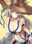  1girl armlet bare_shoulders belt blush bracelet braid breasts brown_eyes cleavage granblue_fantasy hair_between_eyes hair_tubes hat heles highres jewelry large_breasts leaning_forward long_hair looking_at_viewer oyu_(sijimisizimi) silver_hair simple_background single_braid smile solo straw_hat swimsuit very_long_hair white_swimsuit yellow_background 