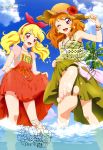  2girls :d ;d absurdres aikatsu! barefoot blonde_hair blush bow bracelet clouds dress earrings feet flower hair_bow hat hat_flower hibiscus highres holding holding_hat hoop_earrings hoshimiya_ichigo jewelry long_hair miyatani_risa multiple_girls nail_polish necklace official_art one_eye_closed oozora_akari open_mouth orange_hair pendant red_dress red_eyes scan see-through signature skirt_hold sky smile soles splashing spread_toes standing standing_on_one_leg straw_hat sun_hat toes twintails violet_eyes wading water 