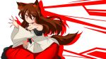  1girl animal_ears bare_shoulders blush breasts brooch brown_hair cleavage collarbone dress fingernails imaizumi_kagerou jewelry katsumi5o large_breasts leaning_forward long_fingernails long_hair long_sleeves looking_at_viewer nail_polish off-shoulder_dress off_shoulder red_eyes red_nails solo tail touhou wide_sleeves wolf_ears wolf_tail 