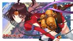  &gt;:) 1girl ahoge brown_hair brown_ribbon copyright_name dual_wielding hair_ribbon highres japanese_clothes juliet_sleeves kimono kofboy koutetsujou_no_kabaneri leaning_forward long_sleeves looking_at_viewer mumei_(kabaneri) over-kneehighs puffy_sleeves red_eyes ribbon short_hair short_kimono smile solo striped striped_legwear thigh-highs 