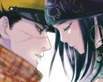  1boy 1girl asirpa black_hair breath close-up earrings golden_kamuy half-closed_eyes hat higebu_(higebu-cyo) incipient_kiss jewelry long_hair looking_at_another looking_down lowres parted_lips peaked_cap scar scarf simple_background sugimoto_saichi white_background 