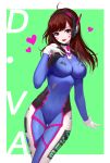  1girl acronym ahoge bangs bodysuit boots bracer breasts brown_eyes brown_hair bunny_print character_name cowboy_shot d.va_(overwatch) emblem facepaint facial_mark gloves hand_on_own_chest hand_up headphones heart large_breasts legs_together lipstick logo long_hair long_sleeves looking_at_viewer makeup open_mouth overwatch pauldrons phonic pilot_suit pink_lips pink_lipstick ribbed_bodysuit shoulder_pads skin_tight smile solo thigh-highs thigh_boots thigh_gap thigh_strap turtleneck whisker_markings white_boots white_gloves 