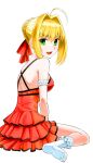  1girl :d ahoge back blonde_hair breasts dress erect_nipples fate/extra fate/grand_order fate_(series) green_eyes looking_at_viewer open_mouth red_dress saber_extra shirotsumekusa simple_background sitting sleeveless sleeveless_dress smile socks solo wariza white_background white_legwear 