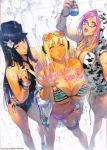  3girls against_glass artist_name beer_can bikini black_hair black_swimsuit blonde_hair breasts cleavage collarbone cow_print elisia_zepheel flower glasses gradient_hair hair_flower hair_ornament hat highres hood hoodie large_breasts leg_garter lips lipstick long_hair makeup multicolored_hair multiple_girls navel necktie one_eye_closed open_clothes open_hoodie open_mouth parted_lips phyllis_jaraba pink_eyes pink_hair polka_dot polka_dot_bikini red_eyes shatte_judevesten short_shorts shorts sleeveless sleeveless_hoodie striped striped_bikini sunglasses sunglasses_on_head super_robot_wars super_robot_wars_the_lord_of_elemental super_robot_wars_x-omega swimsuit tied_hair twintails untied untied_bikini violet_eyes watanabe_wataru yellow_bikini 