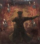  1boy bloodborne bowing candle cloat gloves green_hair hat hunter_(bloodborne) solo souls_(from_software) 