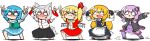  &gt;:3 &gt;:d &gt;_&lt; 5girls :3 :d \m/ animal_ears apron arms_up black_gloves blush bow braid bridal_gauntlets chibi closed_eyes crossover crystal detached_sleeves dress embarrassed fang female fingerless_gloves flandre_scarlet full-face_blush full_body gloves hair_bow hair_ornament hair_ribbon hair_tubes inubashiri_momiji juliet_sleeves katsumi5o kirisame_marisa long_hair long_sleeves looking_at_viewer multiple_girls open_mouth pose puffy_sleeves red_ribbon ribbon shaded_face short_hair short_sleeves side_braid side_ponytail single_braid skirt smile solid_circle_eyes sweat tail tatara_kogasa touhou triangle_mouth vocaloid voiceroid waist_apron white_background white_bow wide_sleeves wings wolf_ears wolf_tail wrist_cuffs x3 yuzuki_yukari 