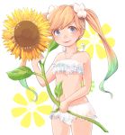  1girl blonde_hair blue_eyes flower granblue_fantasy io_euclase long_hair looking_at_viewer navel open_mouth sayuco simple_background solo standing sunflower twintails underwear 