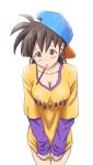  1girl bent_over breasts brown_eyes brown_hair cleavage collarbone covering covering_crotch dragon_ball dragon_ball_z dragonball_z earrings genderswap genderswap_(mtf) hat jewelry mouth_hold mugensuima pocky shirt_tug sideways_hat solo son_gohan 