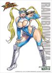 1girl 90s bare_shoulders blonde_hair blue_eyes blush boots breasts cleavage cross-laced_footwear gluteal_fold lace-up_boots large_breasts long_hair mask microphone muscle rainbow_mika smile solo street_fighter street_fighter_v street_fighter_zero street_fighter_zero_(series) street_fighter_zero_3 thigh-highs thigh_boots thighs twintails wrestling_outfit yamashita_shun&#039;ya 