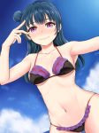  1girl bikini blue_hair blush breasts clouds cloudy_sky hair_bun highres inanaki_shiki long_hair looking_at_viewer love_live! love_live!_sunshine!! sky smile solo sweatdrop swimsuit tsushima_yoshiko violet_eyes wavy_mouth 