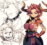  &gt;:) 1boy 2girls 3m_0l algeiba arudora black_skirt breasts doraf father_and_daughter genderswap genderswap_(mtf) granblue_fantasy hand_on_hip horns large_breasts looking_away looking_to_the_side mature multiple_girls multiple_views partially_colored pointy_ears red_eyes redhead short_hair sideboob simple_background skirt tattoo upper_body white_background 