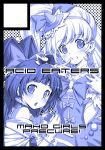  2girls blue blush bow chestnut_mouth circle_cut cure_magical cure_miracle gloves hair_bow hairband hat injury kazuma_muramasa long_hair magical_girl mahou_girls_precure! mini_hat mini_witch_hat monochrome multiple_girls open_mouth parted_lips precure witch_hat 