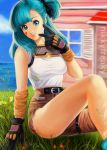  1girl aqua_eyes aqua_hair artist_name asymmetrical_clothes belt black_gloves bulma dated dragon_ball gloves goggles goggles_around_neck grass house light nicole_jimenez ocean profile side_ponytail signature single_pantsleg sitting smile solo v wristband 