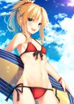  1girl bikini blonde_hair blue_sky blush bracelet braid breasts clouds cloudy_sky collarbone commentary_request cowboy_shot day fate/grand_order fate_(series) front-tie_bikini front-tie_top green_eyes groin hair_ornament hair_scrunchie highres jewelry lens_flare long_hair looking_at_viewer midriff mordred_(swimsuit_rider)_(fate) navel open_mouth outdoors ponytail red_bikini saber_of_red scrunchie side-tie_bikini sky small_breasts smile solo standing surfboard swimsuit teeth toosaka_asagi under_boob 