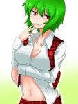  1girl blush breast_hold breasts cleavage collarbone dress_shirt green_hair groin katsumi5o kazami_yuuka large_breasts long_sleeves looking_at_viewer navel open_clothes open_vest plaid plaid_skirt plaid_vest red_eyes shirt short_hair skirt skirt_set smile solo touhou unbuttoned upper_body vest white_shirt 