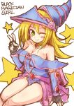  1girl bare_shoulders blonde_hair breasts cleavage dark_magician_girl duel_monster female gloves green_eyes hat long_hair looking_at_viewer magical_girl sitting smile solo v wink yu-gi-oh! 