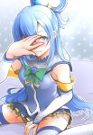  1girl aqua_(konosuba) artist_request blue_clothes blue_eyes blush bow detached_sleeves female green_bow kono_subarashii_sekai_ni_shukufuku_wo! long_hair solo thigh-highs white_legwear zettai_ryouiki 