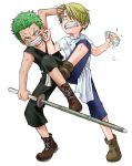  2boys anger_vein ankle_boots black_shirt blonde_hair blue_pants blush bokken boots brown_boots clenched_hand clenched_teeth fighting green_hair hair_over_one_eye holding holding_sword holding_weapon kumahoyoyo leg_up male_focus multiple_boys one_piece pants parted_lips roronoa_zoro sanji shirt short_sleeves simple_background sleeveless standing standing_on_one_leg sword tank_top teeth weapon white_background white_shirt wooden_sword younger 