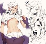  1boy 3m_0l blush boxers bulge closed_eyes grin groin long_hair lying mars_symbol navel nipples on_back open_mouth original shirt shirt_lift simple_background smile solo star t-shirt teeth trap underwear upper_body v v-neck white_background white_eyes white_hair 