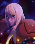  1girl alberto_moldes blonde_hair blue_eyes embers lips long_hair metroid night night_sky no_headwear no_helmet power_armor profile samus_aran sky smile solo star_(sky) starry_sky upper_body varia_suit watermark 