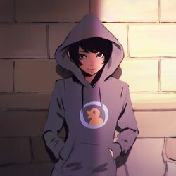  1girl against_wall bangs black_eyes black_hair blush duck_print hands_in_pocket hood hoodie ilya_kuvshinov long_sleeves looking_at_viewer mole mole_under_eye original pocket short_hair solo standing sunlight swept_bangs 