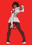  10s 1girl arms_behind_back candela_(pokemon) coat dark_skin from_behind full_body gloves highres holding holding_poke_ball looking_at_viewer looking_back nanashi_(otaku_rock_n_roll) pantyhose poke_ball pokemon pokemon_go red_background short_hair simple_background smile solo yellow_eyes 