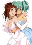  00s 2girls bachou_mouki bare_shoulders blue_dress blush breast_press breasts brown_eyes brown_hair cleavage collarbone dress elbow_gloves extraction gloves green_eyes green_hair hair_ornament hair_scrunchie hand_holding ikkitousen jewelry large_breasts long_hair looking_at_viewer multiple_girls necklace open_mouth ponytail ryofu_housen scrunchie short_hair sideboob strapless strapless_dress transparent_background twintails white_dress white_gloves yuri 