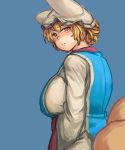  1girl blonde_hair blue_background blush breasts chanta_(ayatakaoisii) dress fox_tail from_behind hat highres large_breasts long_sleeves looking_at_viewer looking_back multiple_tails pillow_hat short_hair simple_background smile solo tabard tail touhou upper_body white_dress wide_sleeves yakumo_ran 