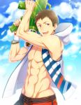  1boy abs alternate_costume blush bracelet brown_hair groin idolmaster idolmaster_side-m jewelry looking_at_viewer male_focus male_swimwear muscle navel necklace nesuop_(sm_nesuop) nipples open_clothes shingen_seiji sleeveless sleeveless_hoodie smile solo swim_trunks swimwear violet_eyes water_gun wristband 