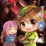  2girls animal_ears bow chen child clownpiece deformed eyebrows eyebrows_visible_though_hair fairy fairy_wings fang hata_no_kokoro holding kurumai mask multiple_girls multiple_tails nintendo open_mouth shield sweat sword the_legend_of_zelda the_legend_of_zelda:_majora&#039;s_mask touhou wings 