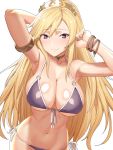  1girl armlet armpits bikini black_bikini blonde_hair blush body_blush breasts bright_pupils choker cleavage copyright_request front-tie_top large_breasts long_hair navel o-ring_top side-tie_bikini simple_background smile solo swimsuit tenchisouha tiara violet_eyes white_background wristband 