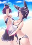  2girls arms_behind_back ass beach bikini blush breasts butt_crack cleavage eyepatch headgear highres kantai_collection large_breasts looking_at_viewer mechanical_halo multiple_girls open_mouth purple_hair shiroshimu short_hair smile standing swimsuit tatsuta_(kantai_collection) tenryuu_(kantai_collection) violet_eyes yellow_eyes 